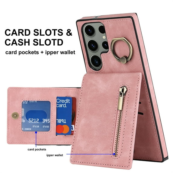 ELEHOLD For Samsung Galaxy S22, Wallet Case with Card Slot Holder,RFID Blocking,Built-in 360°Rotating Ring Kickstand Zipper Retro Purse Shockproof Case Cover, pink
