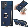 thumbnail image 1 of ELEHOLD for Samsung Galaxy S22 Zipper Wallet Case with Back Card Holders Metal Ring Holder Kickstand Function Leather Shockproof Card Wallet Case for Women Men,blue, 1 of 1