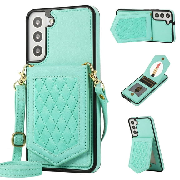 ELEHOLD for Samsung Galaxy S23 6.1" Fashion Wallet Case Argyle Pattern Leather RFID Bocking Card Slots Hidden Make Up Mirror Stand Function Magnetic Button Crossbody Shoulder Strap,Green