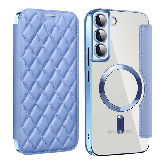 ELEHOLD for Samsung Galaxy S23 Case Flip Folio Built-in Card Holder RFID Blocking Protective Leather Case Transparent Clear Back Magnetic Compatible with Mag Safe Shockproof Cover,blue