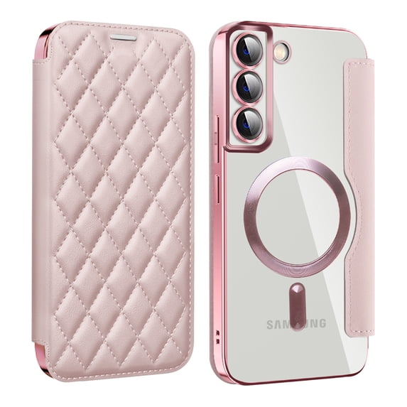ELEHOLD for Samsung Galaxy S23 Case Flip Folio Built-in Card Holder RFID Blocking Protective Leather Case Transparent Clear Back Magnetic Compatible with Mag Safe Shockproof Cover,pink