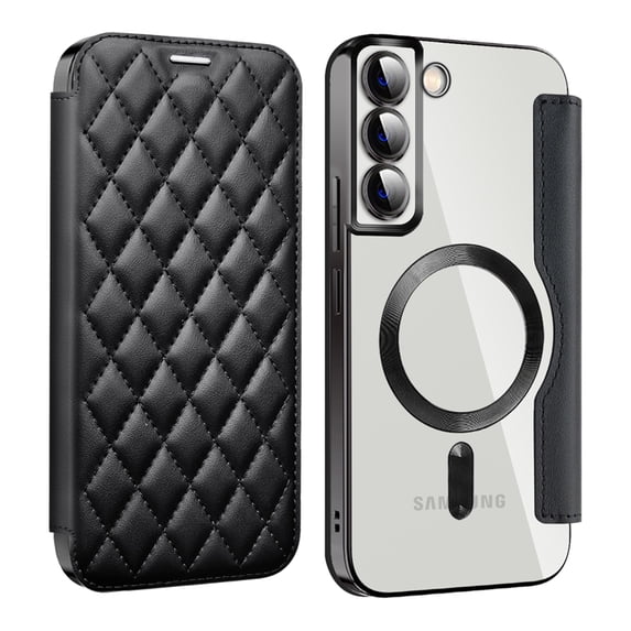 ELEHOLD for Samsung Galaxy S23 Case Flip Folio Built-in Card Holder RFID Blocking Protective Leather Case Transparent Clear Back Magnetic Compatible with Mag Safe Shockproof Cover,black
