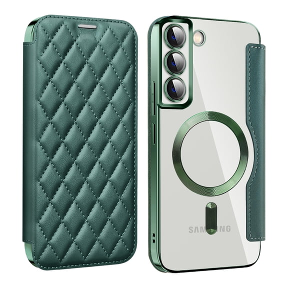 ELEHOLD for Samsung Galaxy S23 Case Flip Folio Built-in Card Holder RFID Blocking Protective Leather Case Transparent Clear Back Magnetic Compatible with Mag Safe Shockproof Cover,darkgreen