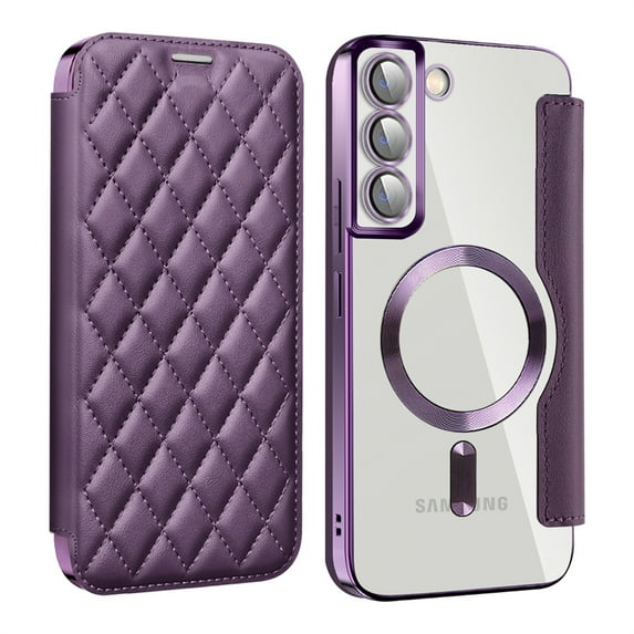 ELEHOLD for Samsung Galaxy S23 Case Flip Folio Built-in Card Holder RFID Blocking Protective Leather Case Transparent Clear Back Magnetic Compatible with Mag Safe Shockproof Cover,purple