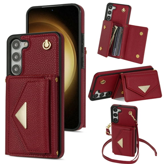ELEHOLD for Samsung Galaxy S23 Case Premium Leather Wallet with Back Organ Card Holders Kickstand Function Crossbody Shoulder Strap Luxury Shockproof Women Purse Cover ,red