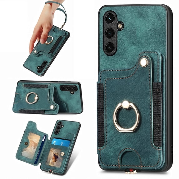 ELEHOLD for Samsung Galaxy S23 Case with Ring Holder, Galaxy S23 Wallet Case with RFID Blocking Card Holder Wristlet Strap, Magnetic Button Flip Folio Kickstand Shockproof Phone Cover,Green