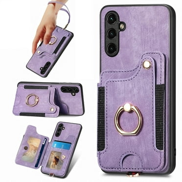 ELEHOLD for Samsung Galaxy S23 Case with Ring Holder, Galaxy S23 Wallet Case with RFID Blocking Card Holder Wristlet Strap, Magnetic Button Flip Folio Kickstand Shockproof Phone Cover,Purple