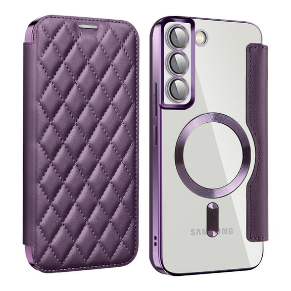 ELEHOLD for Samsung Galaxy S23 FE Case Flip Folio Built-in Card Holder RFID Blocking Protective Leather Case Transparent Clear Back Magnetic Compatible with Mag Safe Shockproof Cover,purple