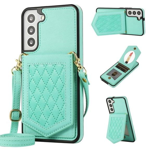 ELEHOLD for Samsung Galaxy S23 FE Fashion Wallet Case Argyle Pattern Leather RFID Bocking Card Slots Hidden Make Up Mirror Stand Function Magnetic Button Crossbody Shoulder Strap,Green