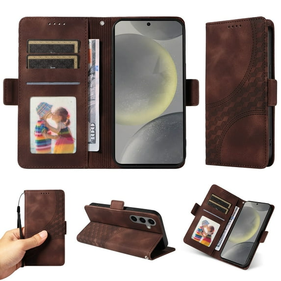 ELEHOLD For Samsung Galaxy S23 FE Leather Wallet Phone Case, Embossed Diamond Folio Flip Cover, Card Holder Cash Slot, Stand Support, Wrist Strap Lanyard -Coffee