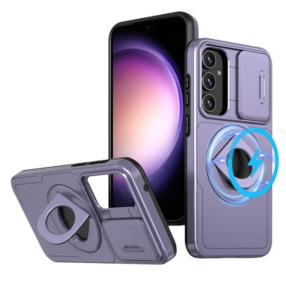 ELEHOLD for Samsung Galaxy S23 FE Magnetic Case,Rugged Hard PC Protective Case with Rotation Ring Holder Kickstand Sliding Camera Protector Compatible with Mag Safe for Samsung Galaxy S23 FE, Purple