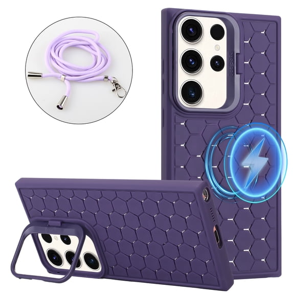ELEHOLD for Samsung Galaxy S23 FE Magnetic Stand Case with Detachable Lanyard Strap Honeycomb Heat Dissipation Compatible with Mag Safe Charging Lens Frame Kickstand Anti-Lost Protection,Purple