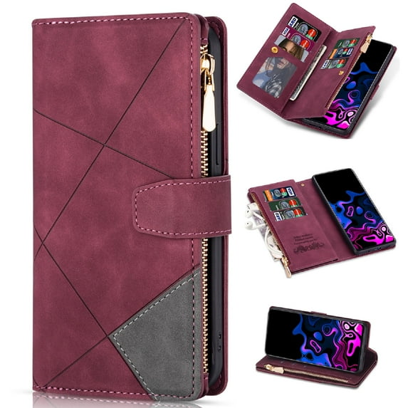 ELEHOLD for Samsung Galaxy S23 FE Multi-Functional Leather Wallet Case,Large Capacity 9 Card Slots Zipper Pocket Kickstand Magnetic Clasp Lanyard Shockproof Flip Case for Samsung Galaxy S23 FE,Winered