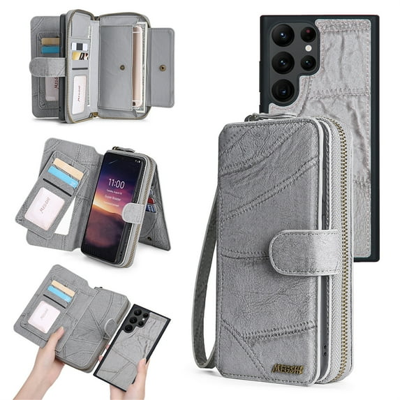 ELEHOLD for Samsung Galaxy S23 FE Multi-Functional Wallet Case,Large Capacity Purse Handbag with Card Slots Magnetic Detachable Leather Case Wrist Strap Zipper Wallet Shockproof Case,Gray