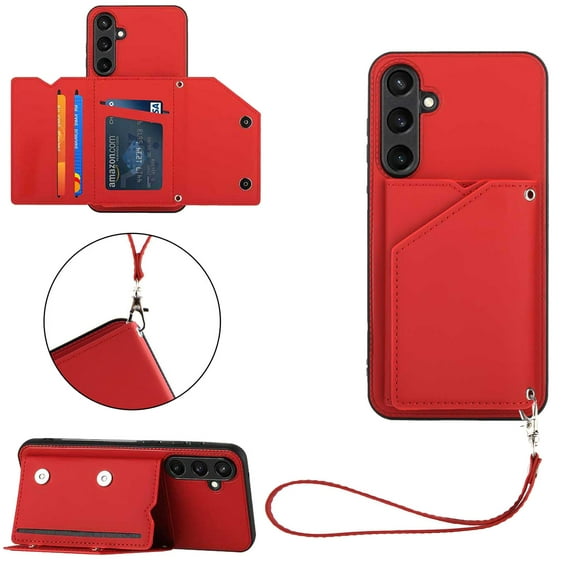 ELEHOLD for Samsung Galaxy S23 FE PU Leather Wallet Case with Card Holders Wrist Lanyard Handstrap Kickstand Function Shockproof Protective Wallet Cover for Samsung S23 FE,Red
