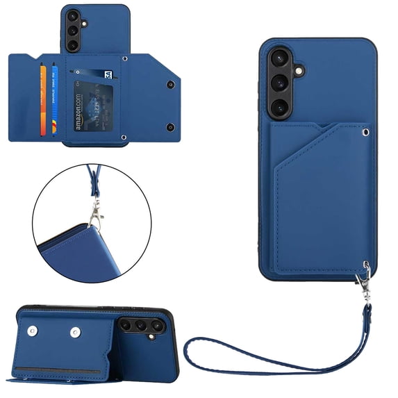 ELEHOLD for Samsung Galaxy S23 FE PU Leather Wallet Case with Card Holders Wrist Lanyard Handstrap Kickstand Function Shockproof Protective Wallet Cover for Samsung S23 FE,Blue