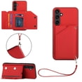 thumbnail image 1 of ELEHOLD for Samsung Galaxy S23 FE PU Leather Wallet Case with Card Holders Wrist Lanyard Handstrap Kickstand Function Shockproof Protective Wallet Cover for Samsung S23 FE,Red, 1 of 7