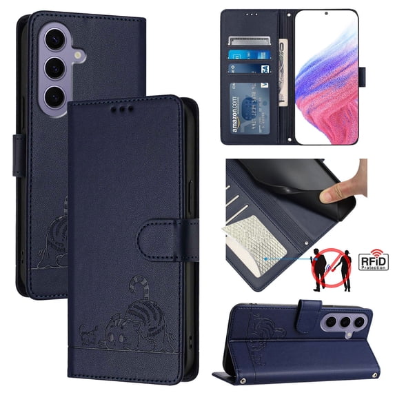 ELEHOLD for Samsung Galaxy S23 FE Wallet Case, Embossed Cat PU Leather RFID Blocking Protection Credit Card Slot Kickstand Shockproof Case with Crossbody Strap for Samsung Galaxy S23 FE,Blue