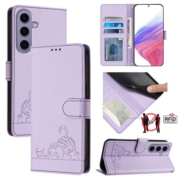 ELEHOLD for Samsung Galaxy S23 FE Wallet Case, Embossed Cat PU Leather RFID Blocking Protection Credit Card Slot Kickstand Shockproof Case with Crossbody Strap for Samsung Galaxy S23 FE,Purple