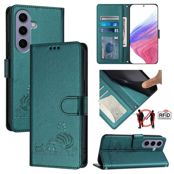 ELEHOLD for Samsung Galaxy S23 FE Wallet Case, Embossed Cat PU Leather RFID Blocking Protection Credit Card Slot Kickstand Shockproof Case with Crossbody Strap for Samsung Galaxy S23 FE,Darkgreen