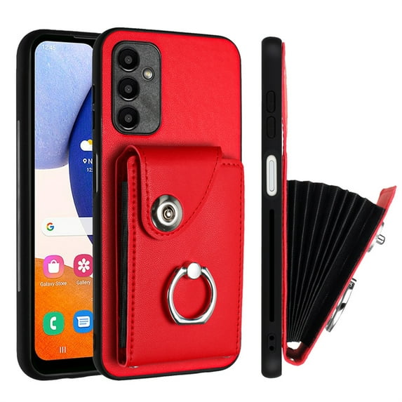 ELEHOLD for Samsung Galaxy S23 FE Wallet Case PU Leather Organ Card Slots Holders Magnetic Button Finger Ring Holder Stand Shockproof Full Protective Case,red