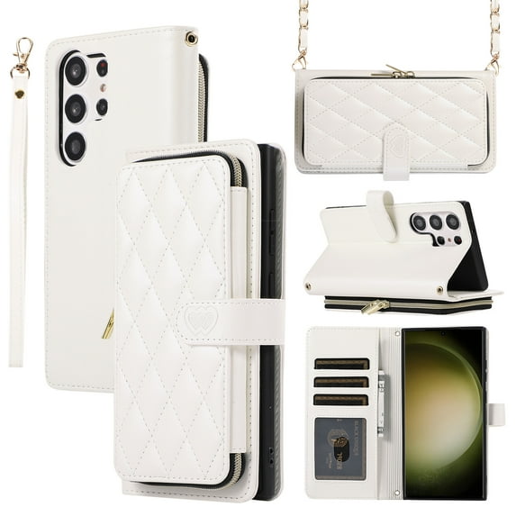 ELEHOLD for Samsung Galaxy S23 FE Wallet Crossbody Case,Zipper Cash Pocket Large Capacity Card Holders Flip Kickstand Premium PU Leather Purse Cover with Wrist Strap Crossbody Chain Strap,White