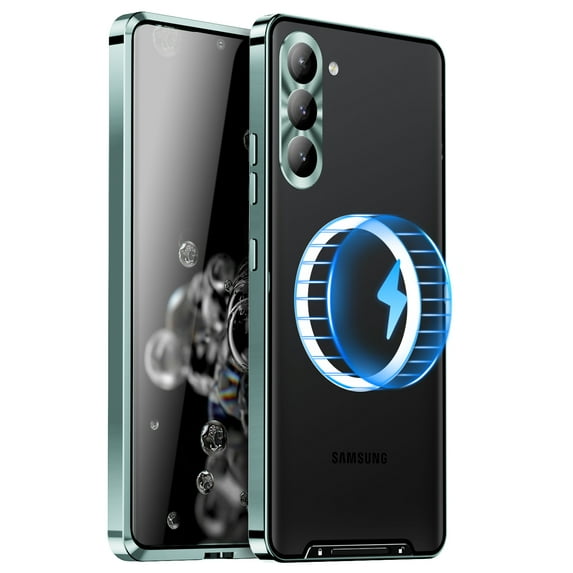 ELEHOLD for Samsung Galaxy S23 Luxury Plating Case Ultra Slim Thin Compatible with MagSafe Charging Camera Lens Protection Metal Frame Shockproof Anti-Scratch Case,Green