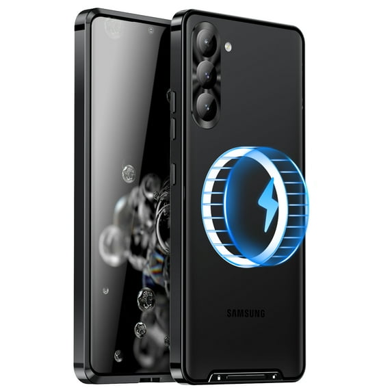 ELEHOLD for Samsung Galaxy S23 Luxury Plating Case Ultra Slim Thin Compatible with MagSafe Charging Camera Lens Protection Metal Frame Shockproof Anti-Scratch Case,Black