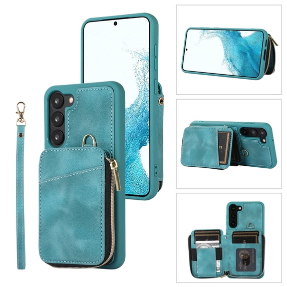 ELEHOLD for Samsung Galaxy S23,Luxury Zipper Wallet Case with Card Slots Zipper Pocket Kickstand Function Wriststrap Crossbody Shoulder Strap Shockproof Purse Case,green