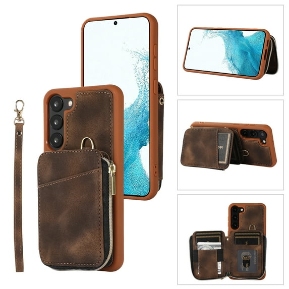 ELEHOLD for Samsung Galaxy S23,Luxury Zipper Wallet Case with Card Slots Zipper Pocket Kickstand Function Wriststrap Crossbody Shoulder Strap Shockproof Purse Case,brown