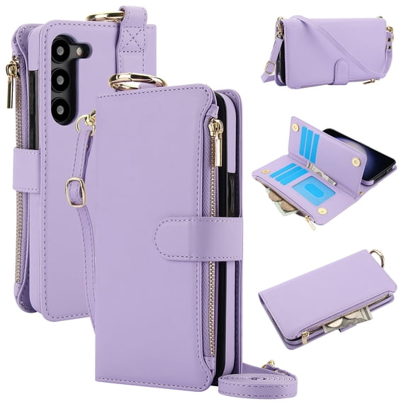 ELEHOLD For Samsung Galaxy S23 Phone Case Leather Crossbody Zipper Card Wallet Flip Case Kickstand Cover, with Ring Holder,Full Body Protection-Violet