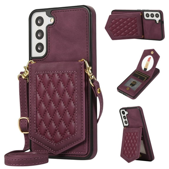 ELEHOLD for Samsung Galaxy S23 Plus 6.6" Fashion Wallet Case Argyle Pattern Leather RFID Bocking Card Slots Hidden Make Up Mirror Stand Function Magnetic Button Crossbody Shoulder Strap,Winered