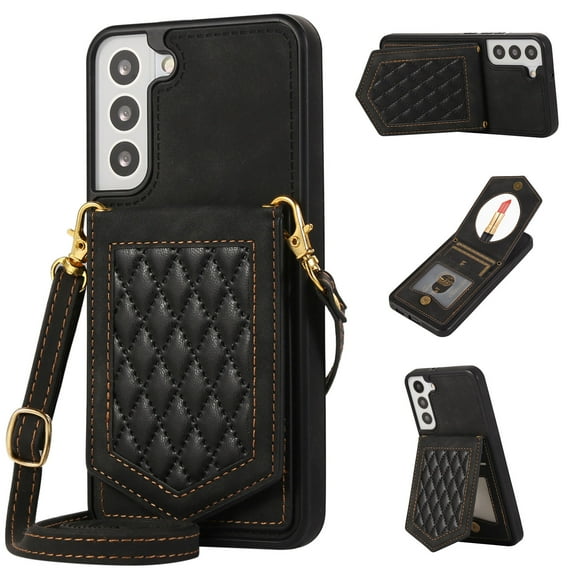 ELEHOLD for Samsung Galaxy S23 Plus 6.6" Fashion Wallet Case Argyle Pattern Leather RFID Bocking Card Slots Hidden Make Up Mirror Stand Function Magnetic Button Crossbody Shoulder Strap,Black