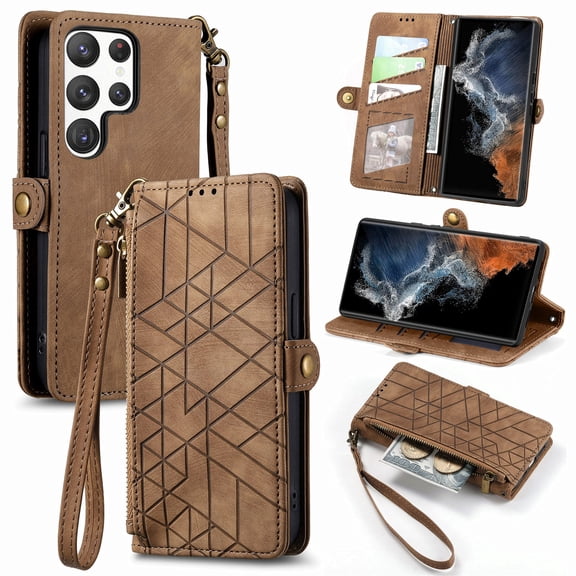 ELEHOLD for Samsung Galaxy S23 Plus Case,Galaxy S23 Plus Wallet Case for Women Men, Geometric Patterns PU Leather Magnetic Flip Strap Zipper Card Holder Phone Case,Brown