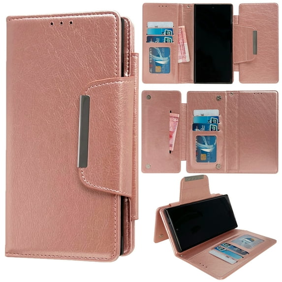 ELEHOLD for Samsung Galaxy S23 Plus Flip Card Wallet Case Premium PU Leather Magnetic Detachable Leather Case Large Capacity Card Slots Metal Buckle Full Body Protective Cover,Rosegold