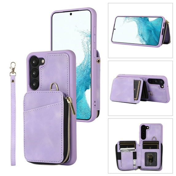 ELEHOLD for Samsung Galaxy S23 Plus,Luxury Zipper Wallet Case with Card Slots Zipper Pocket Kickstand Function Wriststrap Crossbody Shoulder Strap Shockproof Purse Case,purple