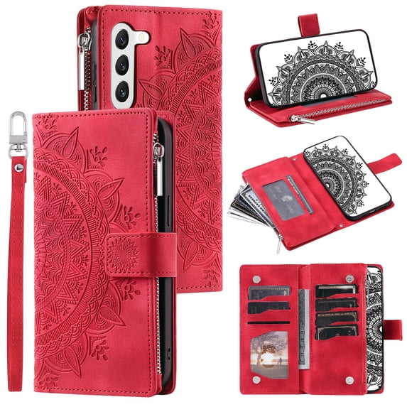 ELEHOLD for Samsung Galaxy S23 Plus Multi-Function Wallet Case, Zipper Magnetic PU Leather Wrist Strap Card Holder Protective Wallet Stand for Women and Men Cover, red