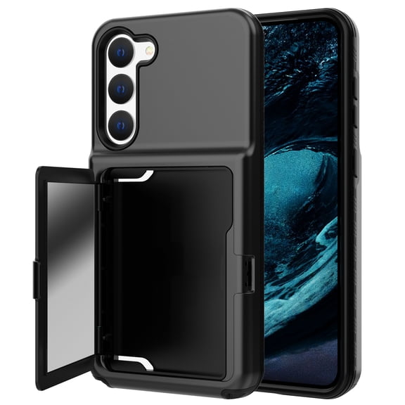 ELEHOLD for Samsung Galaxy S23 Plus Rugged Case, Wallet Function Card Slot Holder Hybrid Shockproof Case with Hidden Make-up Mirror for Samsung S23+, Black