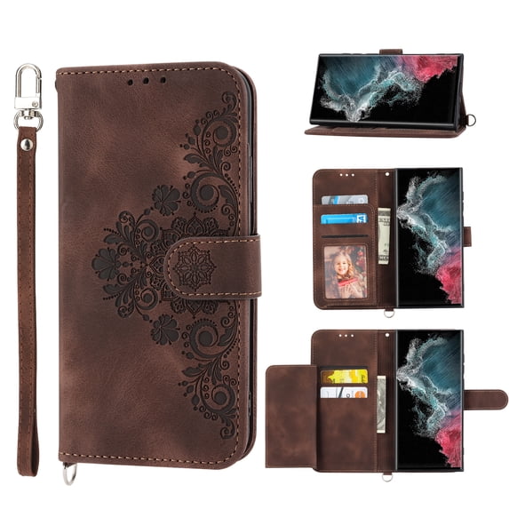 ELEHOLD for Samsung Galaxy S23 Plus Shoulder Crossbody Wallet Case with Card Slots, Floral Embossed PU Leather Wallet Flip Protective Kickstand Wrist Strap Cover, brown