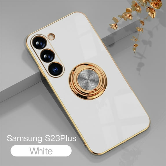 ELEHOLD for Samsung Galaxy S23 Plus Slim Case Electroplating Frame Design All-inclusive Lens Protection Metal Ring Holder Stand Function Shockproof Lightweight Case for S23+,White