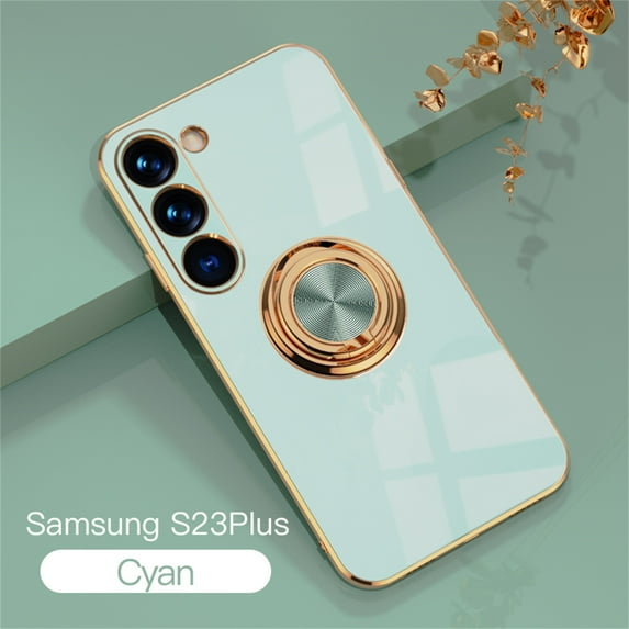 ELEHOLD for Samsung Galaxy S23 Plus Slim Case Electroplating Frame Design All-inclusive Lens Protection Metal Ring Holder Stand Function Shockproof Lightweight Case for S23+,Mint