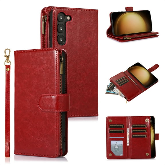 ELEHOLD for Samsung Galaxy S23 Plus Wallet Case with 9 Card Holders Zipper Pocket Kickstand Soft PU Leather Flip Shockproof Protective Cover with Wrist Strap Business Style for Women Men,red