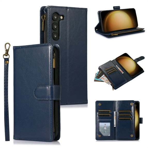 ELEHOLD for Samsung Galaxy S23 Plus Wallet Case with 9 Card Holders Zipper Pocket Kickstand Soft PU Leather Flip Shockproof Protective Cover with Wrist Strap Business Style for Women Men,blue
