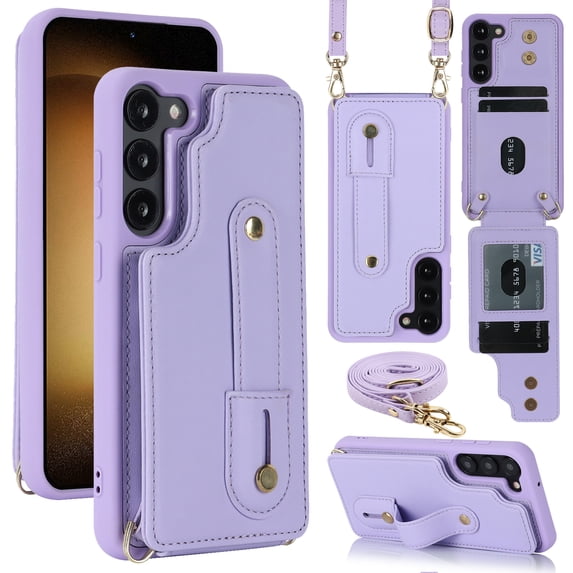 ELEHOLD Samsung Galaxy S23 Plus Wallet Case, Flip Card Slots Magnetic Button Kickstand Function Non-Slip Wristband Crossbody Shoulder Strap for Samsung Galaxy S23+ Fashion Leather Case,Purple