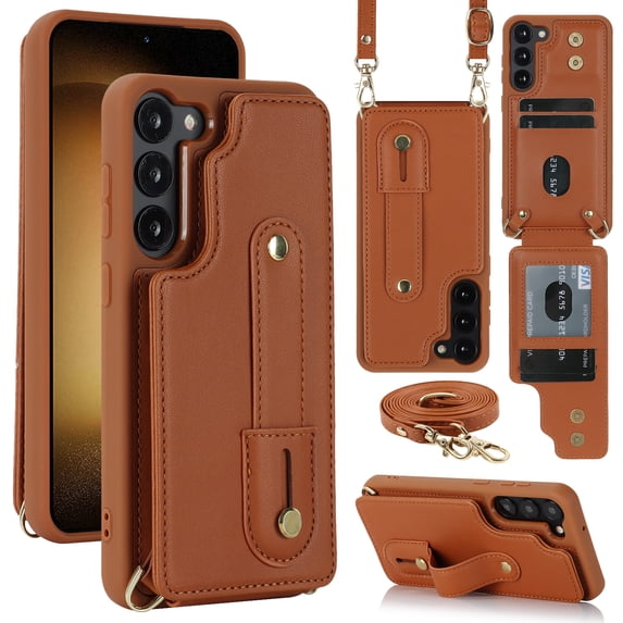 ELEHOLD Samsung Galaxy S23 Plus Wallet Case, Flip Card Slots Magnetic Button Kickstand Function Non-Slip Wristband Crossbody Shoulder Strap for Samsung Galaxy S23+ Fashion Leather Case,Brown
