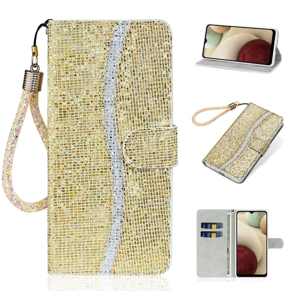 ELEHOLD for Samsung Galaxy S23 Plus Wallet Case, Luxury Twinkle Bling Glitter Sparkly PU Leather TPU Inner Card Slots Kickstand Hand Strap Anti-Scratch Shockproof Flip Case, Gold