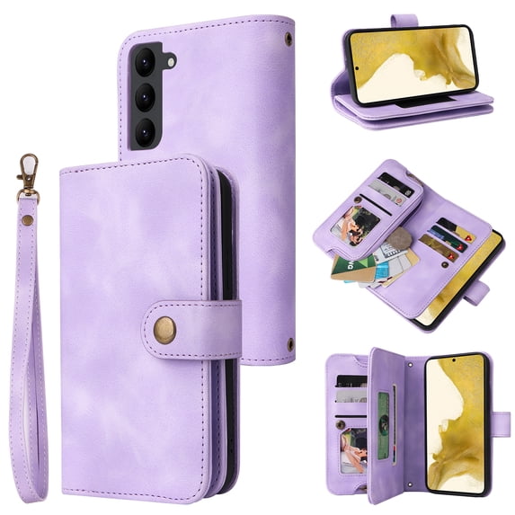 ELEHOLD for Samsung Galaxy S23 Plus Wallet Case, PU Leather 6 Card Slots Removable Adjustable Crossbody Necklace Lanyard Shoulder Strap Zipper Bag Anti-Falling Rugged Case for S23 Plus,Purple