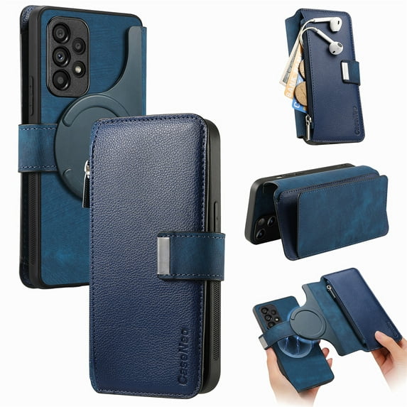 ELEHOLD for Samsung Galaxy S23 Plus Zipper Wallet Case,Magnetic Detachable RFID Flip Card Slots Stand Function Shockproof Full Protective Leather Case for Samsung Galaxy S23 Plus,Blue