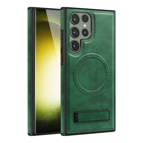 ELEHOLD for Samsung Galaxy S23 Premium Leather Case Strong Magnetic Compatible with Mag Safe with Foldable Invisible Kickstand Scratch-Resistant Shockproof Protective Case,darkgreen