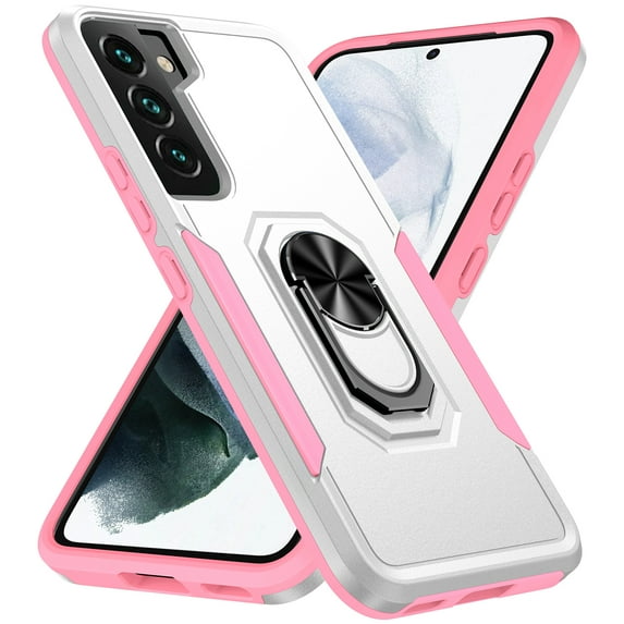 ELEHOLD for Samsung Galaxy S23 Rugged Case 360 Rotating Metal Ring Stand Kickstand Function Support Magnetic Car Mount Holder Shockproof Protective Case,White+Pink